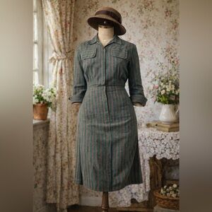 Vintage 1940’s Lee Bell, green, red, striped, preppy, cotton, uniform, dress